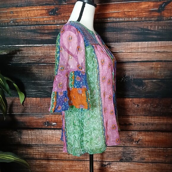 Anthropologie Akemi + Kin Peasant Top S Sheer Lyocell Bell Sleeve Patchwork - Picture 6 of 9